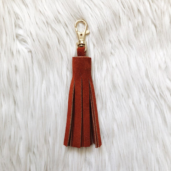 hunter suede tassel keychain & custom tag – shop kendra beshk